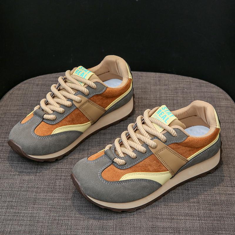 Fashion Casual Sneakers Women Suede Leather Patchwork Mixed Colors Lace Up Round Toe Platform Shoes Lady Flats