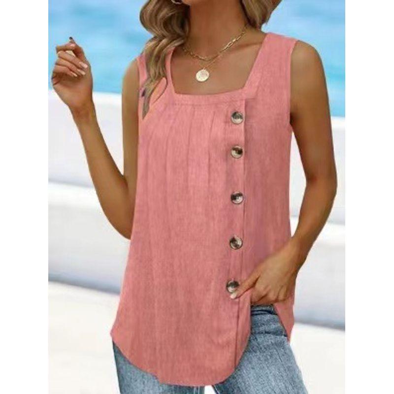 

Wrinkled Square Collar Button Vest Woman Ruched Square Collar Sleeveless Button Vest Pink XL