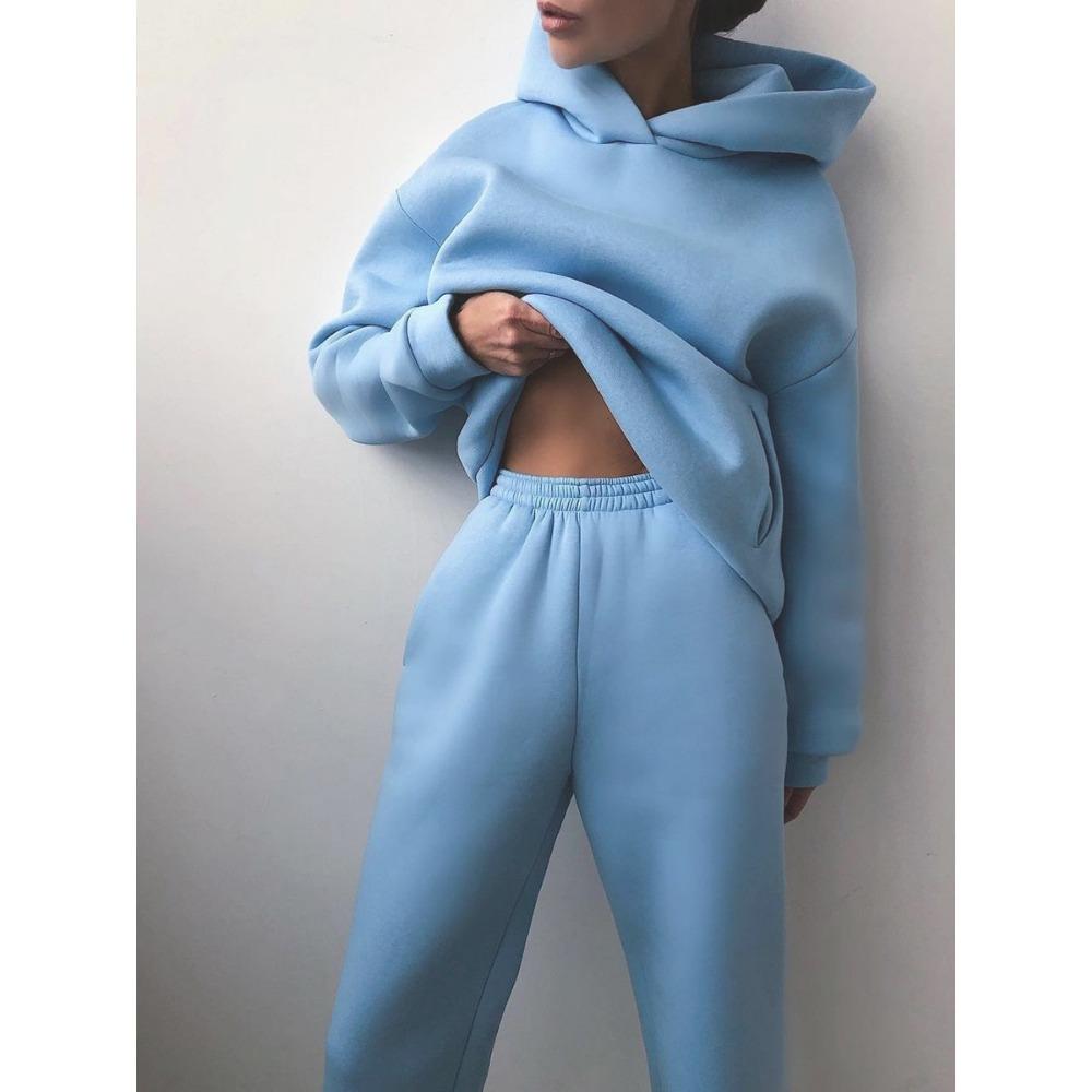 GMXIA Autumn and Winter Loose, Fleece and Thick Women's Set, Sporty, Casual and Fashionable, Solid-color Hooded Sweatshirt and Skinny Pants Set