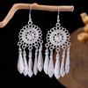 Ethnic Miao Silver Style Long Tassel Earrings with Ancient Scenic Stud Design for Women