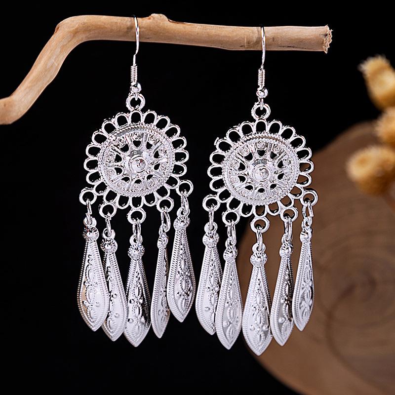 Ethnic Miao Silver Style Long Tassel Earrings with Ancient Scenic Stud Design for Women