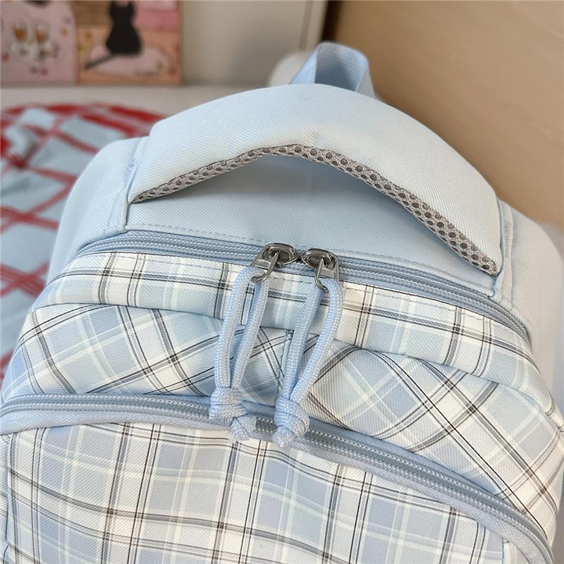Nylon Plaid Backpack Women's Fashionable Casual School Bag Lightweight Travel Rucksack with Multiple Pockets