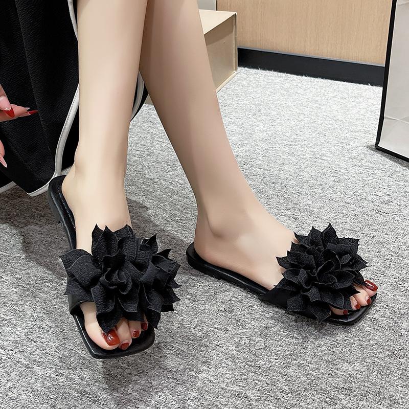 Flat Slippers Summer New Square Head Open Toe Big Flower Soft Bottom Set Foot Anti-slip Wear-resistant Beach Sandals