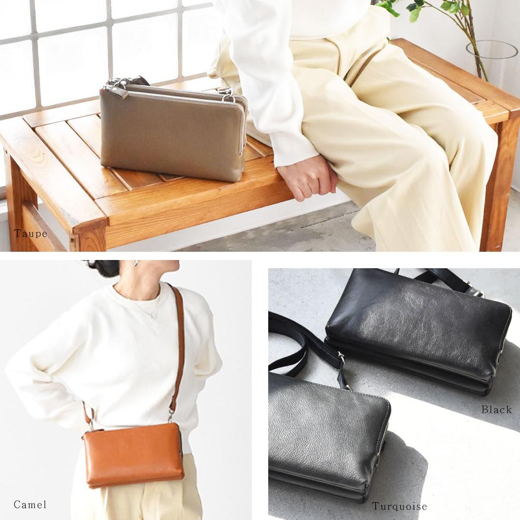 7645-OK Hergestellt in Japan Echte Leder Umhängetasche für Damen, Geldbörse aus Rindsleder mit Doppelreißverschluss, Praktische Aufbewahrung, Beliebt, Einfach zu bedienen,