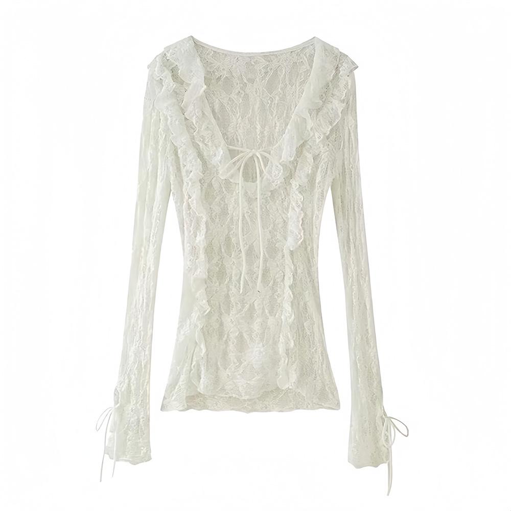 

Женский топ с V-образным вырезом на весну/лето 2025 года с плиссированным полым кружевом и многослойной отделкой Medium слоновая кость