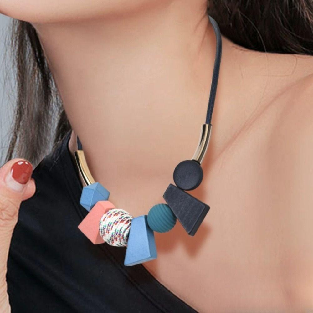 Beads Simple Geometric Necklace Colorful Ethnic Style Necklace Personality Wood Necklace  Daily