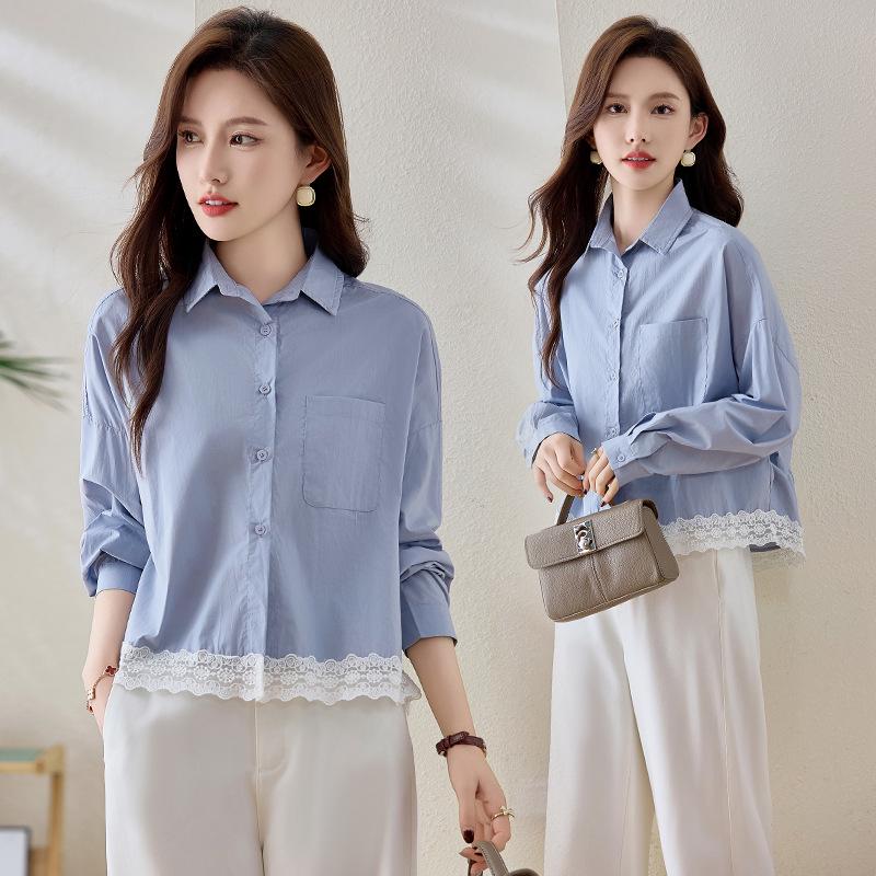 

Spring 2025 Women s Lace Patchwork Loose Long Sleeve Shirt - Design SL9806 M 45-55kg светло-синий