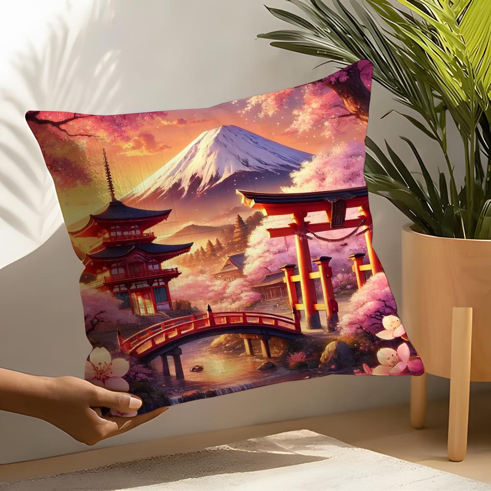 Retro Japanese Pagoda Landscape 4 Pillow Case Linen Cushion Covers For Decorative Sofa Home Pillows Case Car Chair Pillows Cases