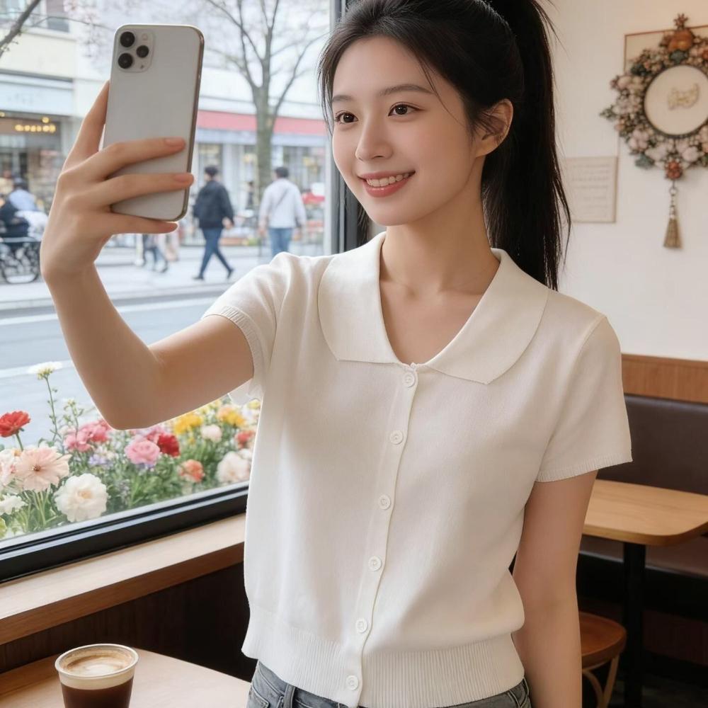 Summer Slim-fit Stylish and Fashionable Design Short-sleeved Top with A Sweet and Youthful Baby Doll Collar and Knitted Short Sleeves for Women