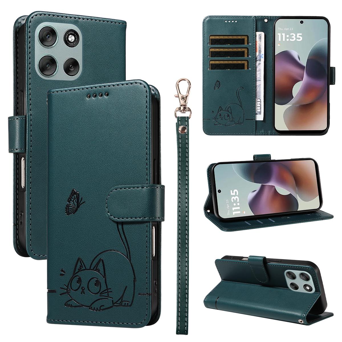 

Чехол для Motorola Moto G56 5G с тиснением в виде кошки, кожаная обложка для телефона с ремешком на запястье Blue