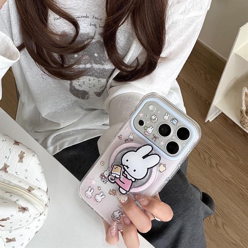 Little Rabbit Magnetic Cartoon Notebook Phone Case for iPhone 17/16 Pro Max/15 Pro - Girly Heart Design