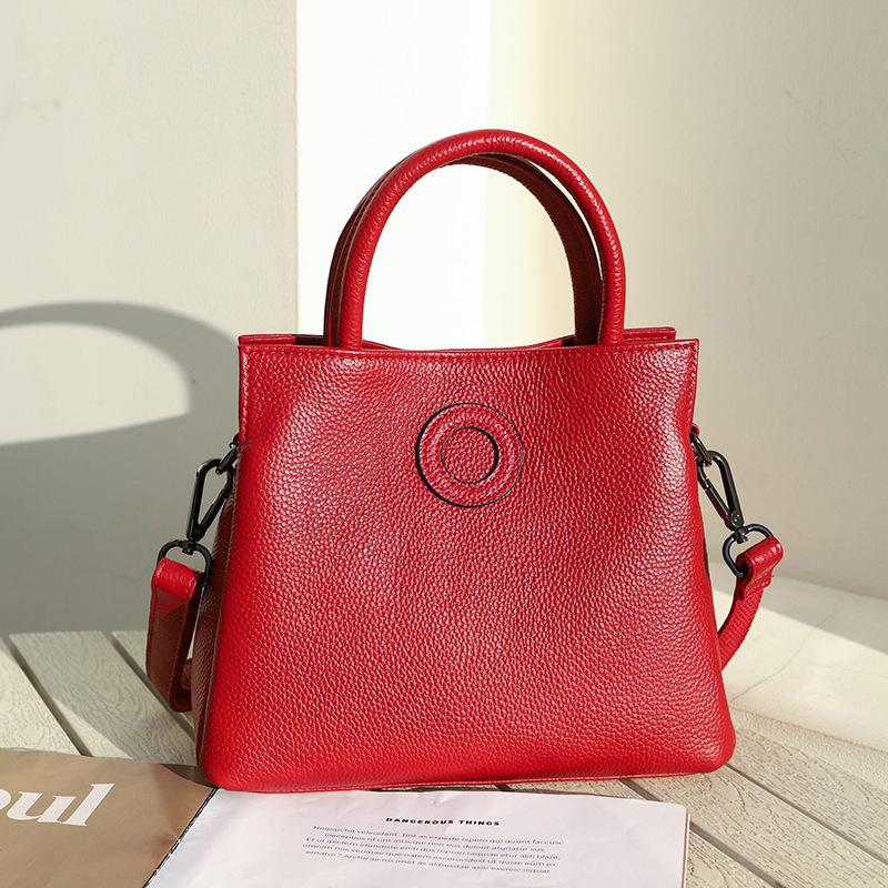 High-quality Real Cowhide Lychee Pattern Bucket Bag OEM Large-capacity Portable Messenger Women's Bag