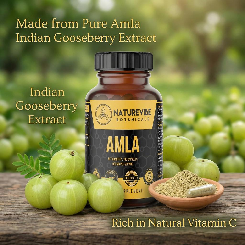 Amla Capsules 180 Veg Capsules by Naturevibe Botanicals Indian Gooseberry (Emblica Officinalis) Supplement | Natural Source of Vitamin C & Antiox