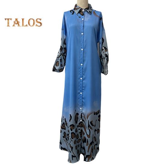 Lady Spring Maxi Dress Lapel Leopard Print Long Sleeves with Cufflink Loose Single-breasted Vintage High Waist Casual Daily Dress