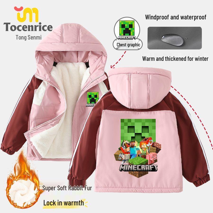 Minecraft Kids' Windproof Fleece Jacket – Unisex Autumn/Winter, Warm & Stylish Windbreaker