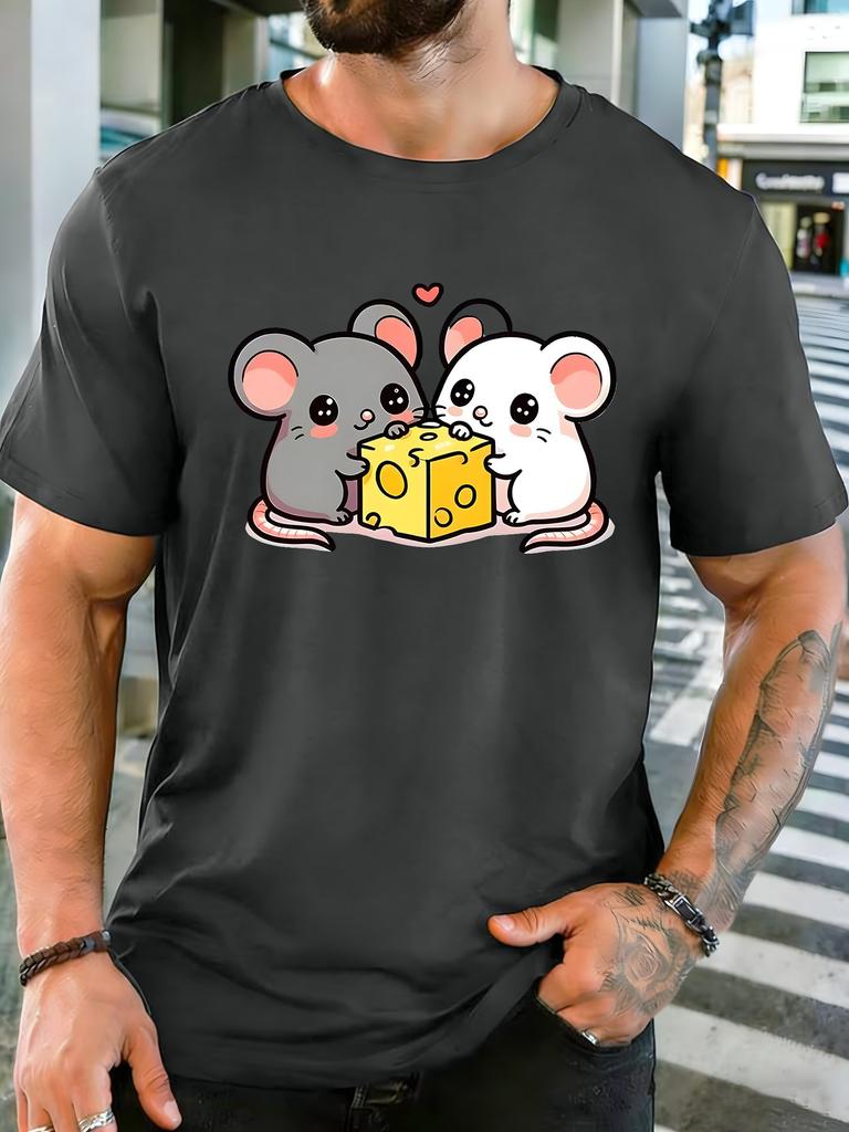Unisex Crew Neck Tee Lovely Double Mice Cheese Heart Print Short Sleeve Top Summer Daily Outdoor Loose Soft Casual Basic Wear