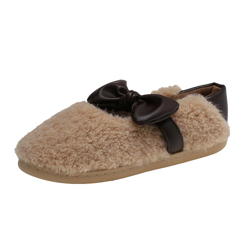 Bow retro sweet cotton slippers women's autumn and winter soft-soled non-slip plush warm fluffy cotton shoes