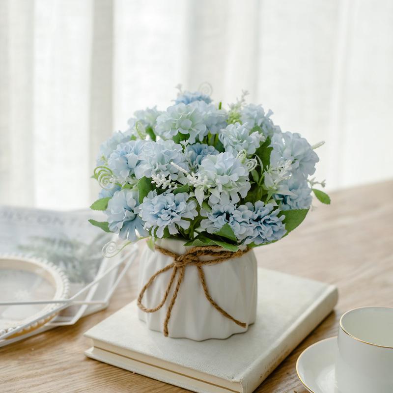 Artificial Flowers with Small Ceramic Vase Faux Roses Plants Eucalyptus Leaves Berries Flower Arrangements Decorations for Home