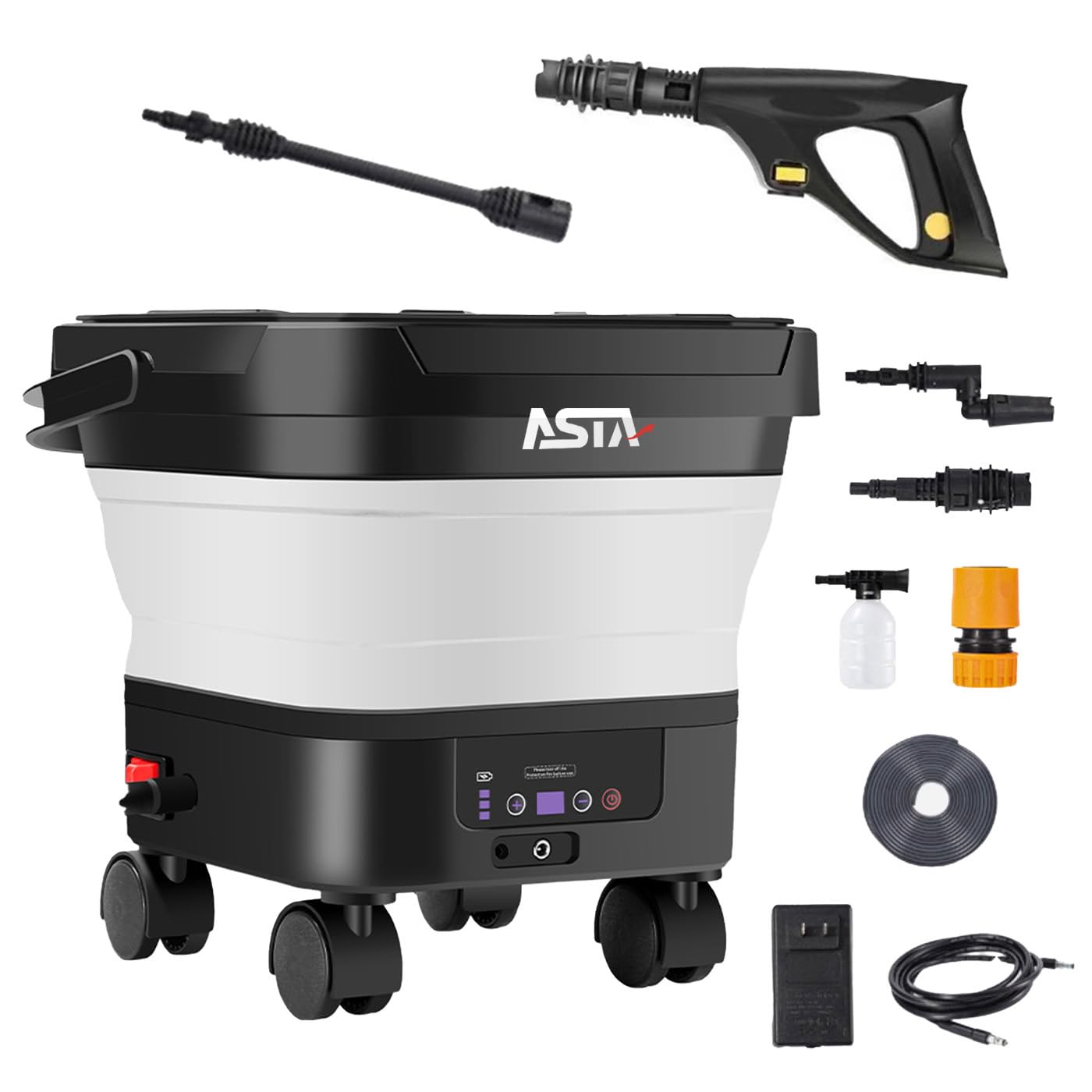 

ASTA Акумуляторний PSE з інтегрованим 13л обертовим тригерним краном Короткі пінопластові коліщатка Без підключення до води Компактний Підходить для Мийки високого тиску Grave, чорний