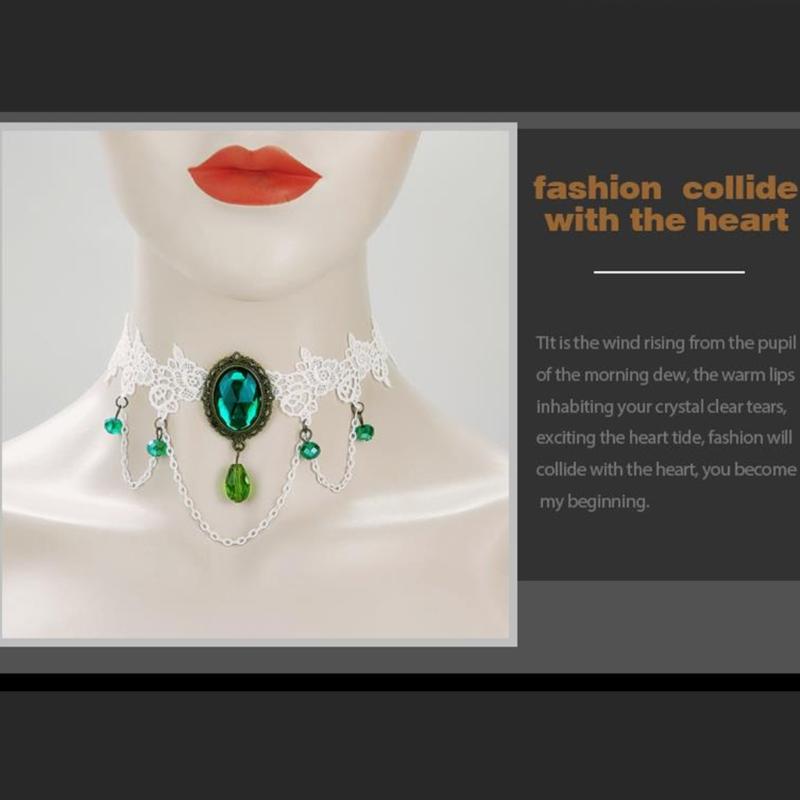 Women Lace Necklace Green Crystal Hangable Pendant Charm Ornament for Wedding Birthday Holiday Present Gift