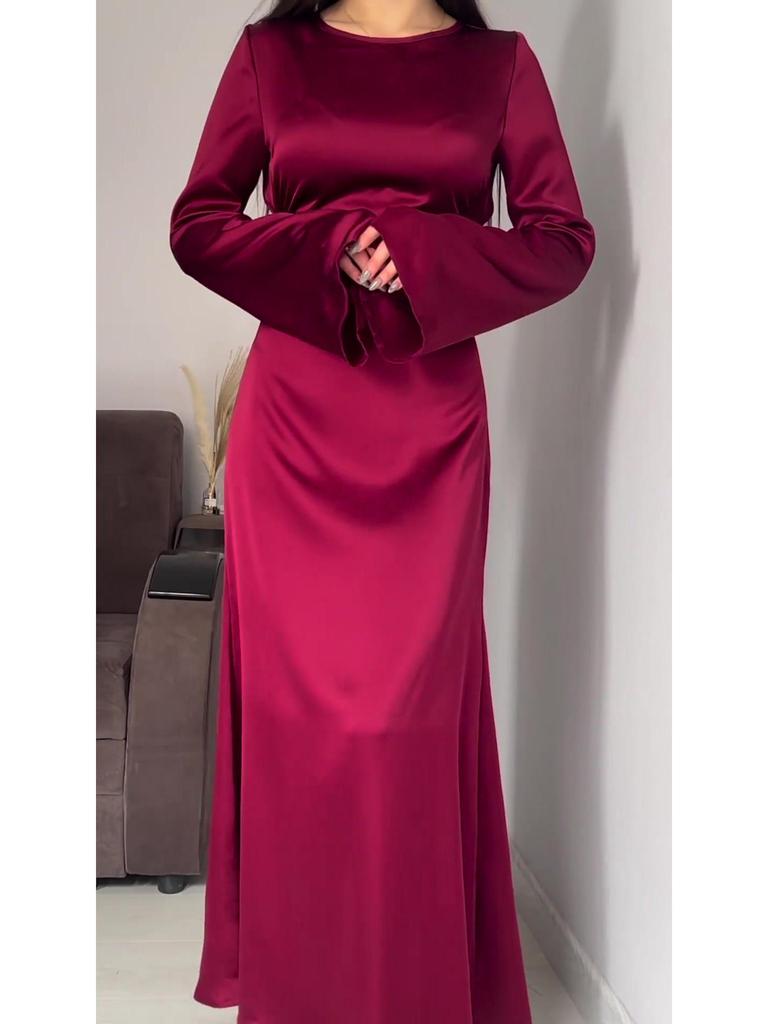 2024 Spring Slimming Waist Tie Solid Color Long Sleeve Maxi Dress