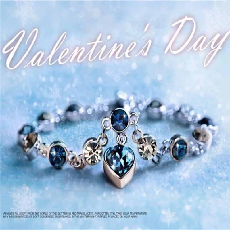 Fashion Heart of Ocean Pendant Bracelets New Shiny Blue Crystal Love  Bracelet for Women Valentine's Day Jewelry Wholesale