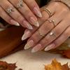 24 Pieces of White Pointed Nail Art Patches, Medium Almond Shaped Gradient Nail Stickers, with Gold 3D Bow for Wearing Nail