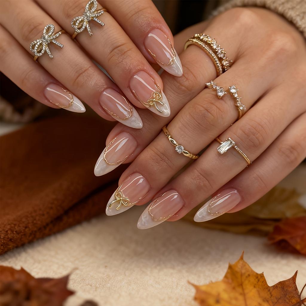24 Pieces of White Pointed Nail Art Patches, Medium Almond Shaped Gradient Nail Stickers, with Gold 3D Bow for Wearing Nail