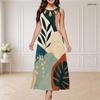 Women Plus Size Round Neck Triple Keyhole Cutout Sleeveless Abstract Floral Leaf Printed Long Dress
