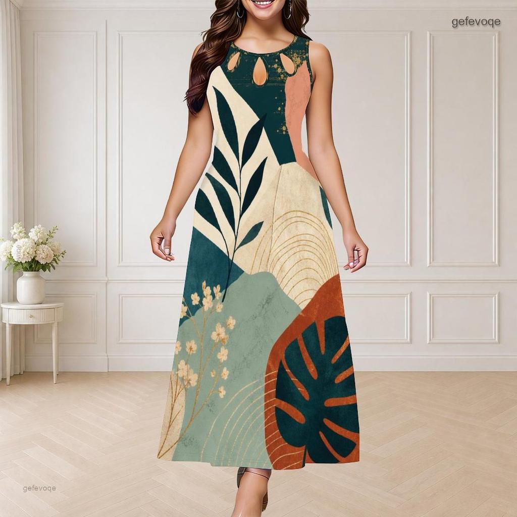 Women Plus Size Round Neck Triple Keyhole Cutout Sleeveless Abstract Floral Leaf Printed Long Dress