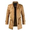 Leather Jacket Men Casual Mid-length Stand Collar Faux Leather Zip-Up Motorcycle  Jacket Coats With Pocket