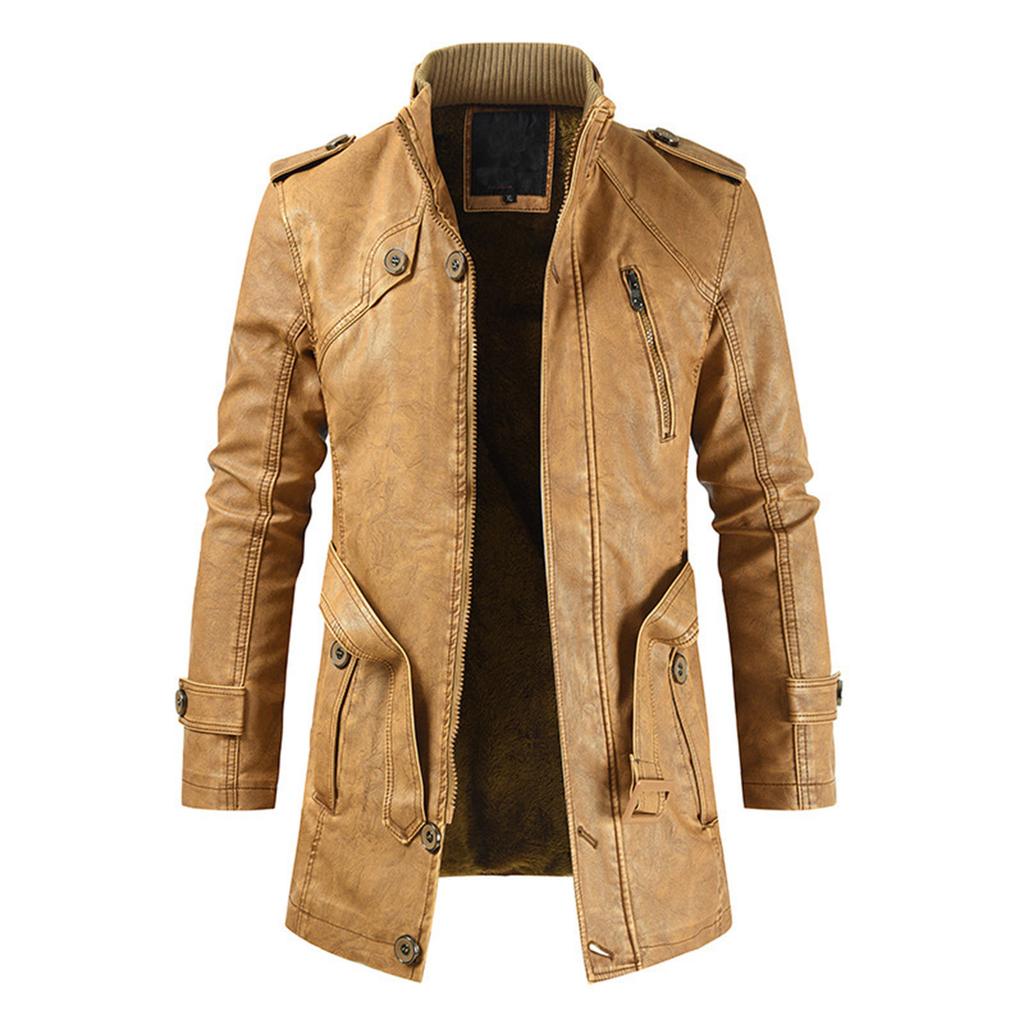 Leather Jacket Men Casual Mid-length Stand Collar Faux Leather Zip-Up Motorcycle  Jacket Coats With Pocket