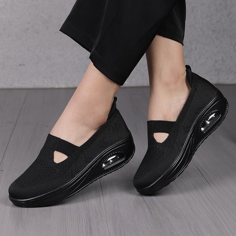 New Spring and Summer Fly-woven Mesh Breathable Casual Women's Shoes Slope Heel Platform Air Cushion Shoes Large Size Women's Shoes Single Shoes