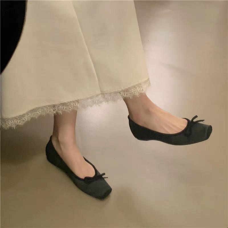 Fashion 2025Breathable Silk Ballerinas Ballet Flats Women Summer Autumn Slip On Loafers Square Toe Bowknot Flat Casual Shoes