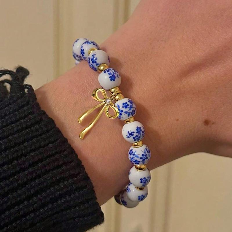 

Vintage and Trendy Bead Blue Color Patterned Women s Bracelet, Personalized and Creative Holiday Party Accessory Gift