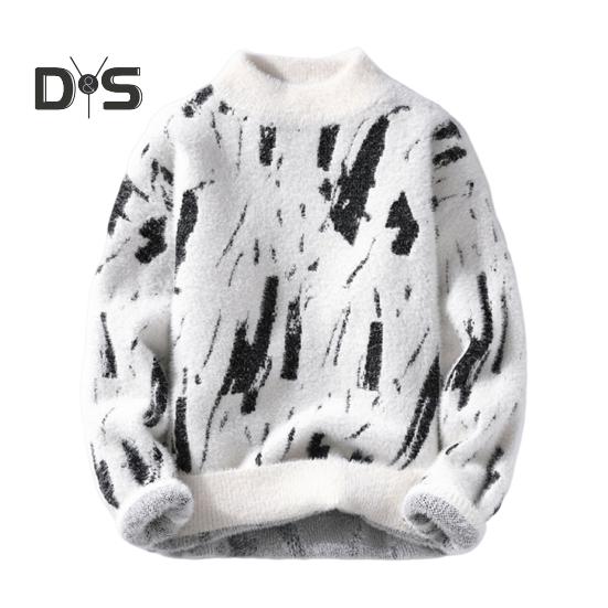 

Мужской зимний свитер контрастного цвета с граффити, толстый плюш, полувысокий воротник, эластичный трикотаж, длинные рукава, повседневная одежда, свитер для школы и свиданий XL белый