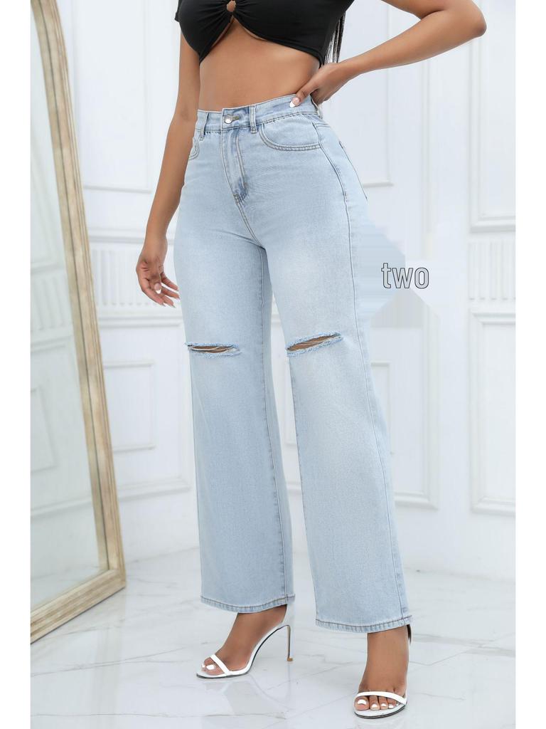 2023 Trendy European & American Ripped Bell Bottom Mid-Waist Loose Denim Pants for Women