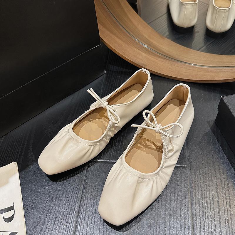 Fashion Women Flat Shoes Genuine Leather Sheepskin Comfort Flats Slip On Silver Beige Simple Shoes Spring Autumn Soft Loafers Square Toe