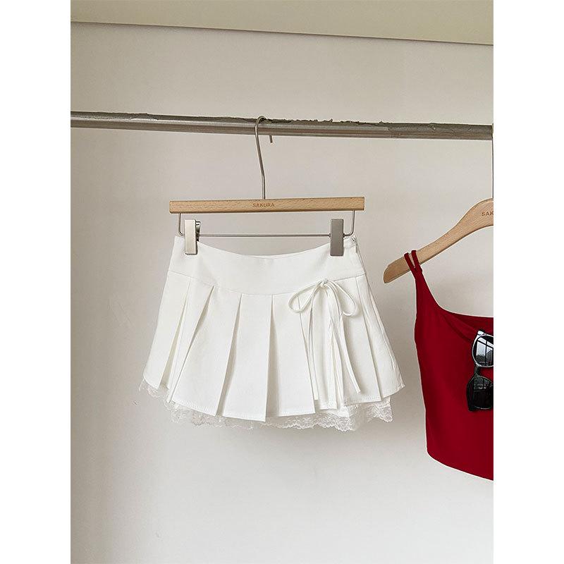 

Pure Desire Women s Lace Patchwork A-line Pleated Skirt with Bow - New Autumn Collection, Hot Girl Style Short Skirt Pants Extra Large белый