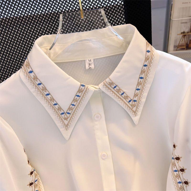 Women Ethnic Embroidered Long Sleeve Blouse Loose Fit French Style Professional Office Shirt