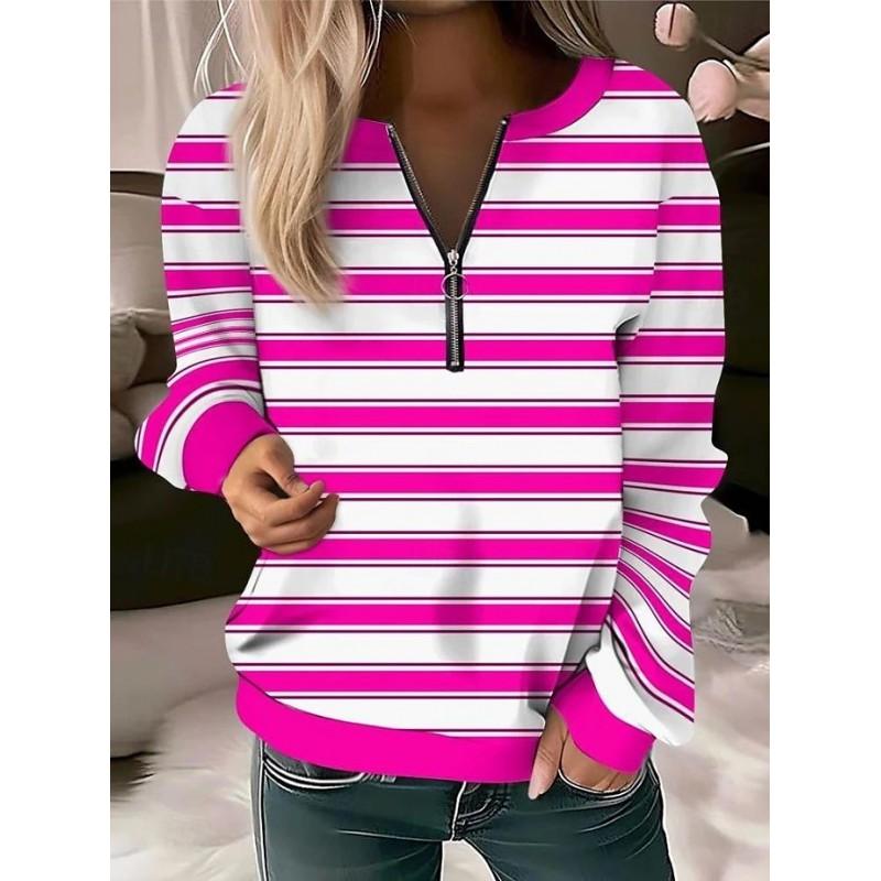 Womens V-Neck Half-Zip Long Sleeve Oversized Hoodie With Geometric Print Casual Comfort Fit 2025
