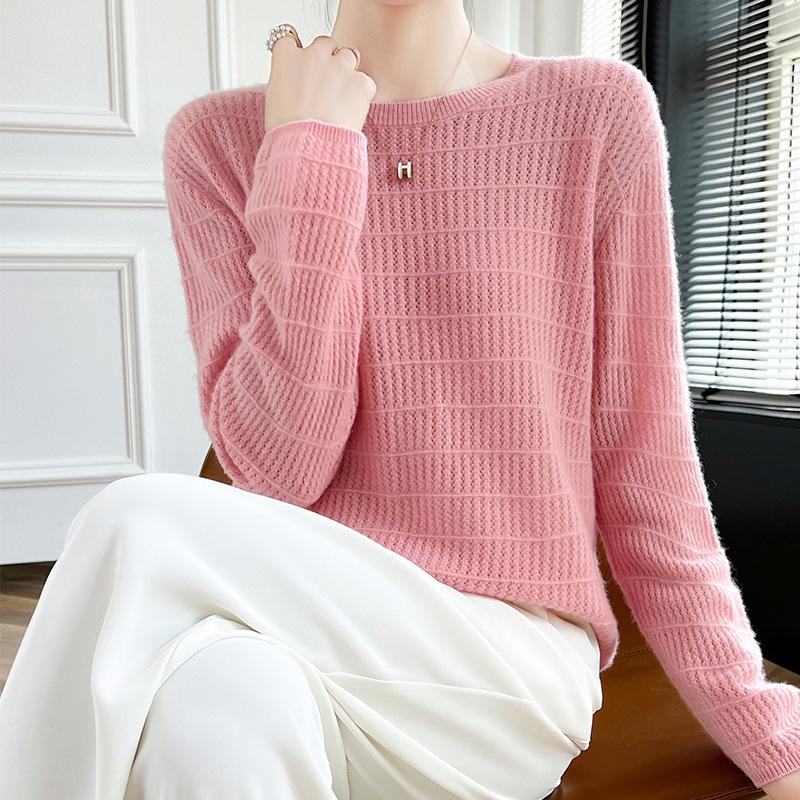 Women's Pure Wool Knit Cashmere Sweater - Round Neck, Hollow Design, Loose Fit, Slimming Pullover for Autumn and Winter