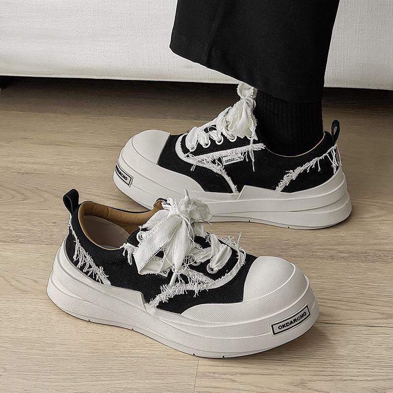 2518 Bandage Canvas Shoes Black and White Couple Big Head Shoes Guochao Platform Men's Shoes Trend Versatile Heightening Board Shoes
