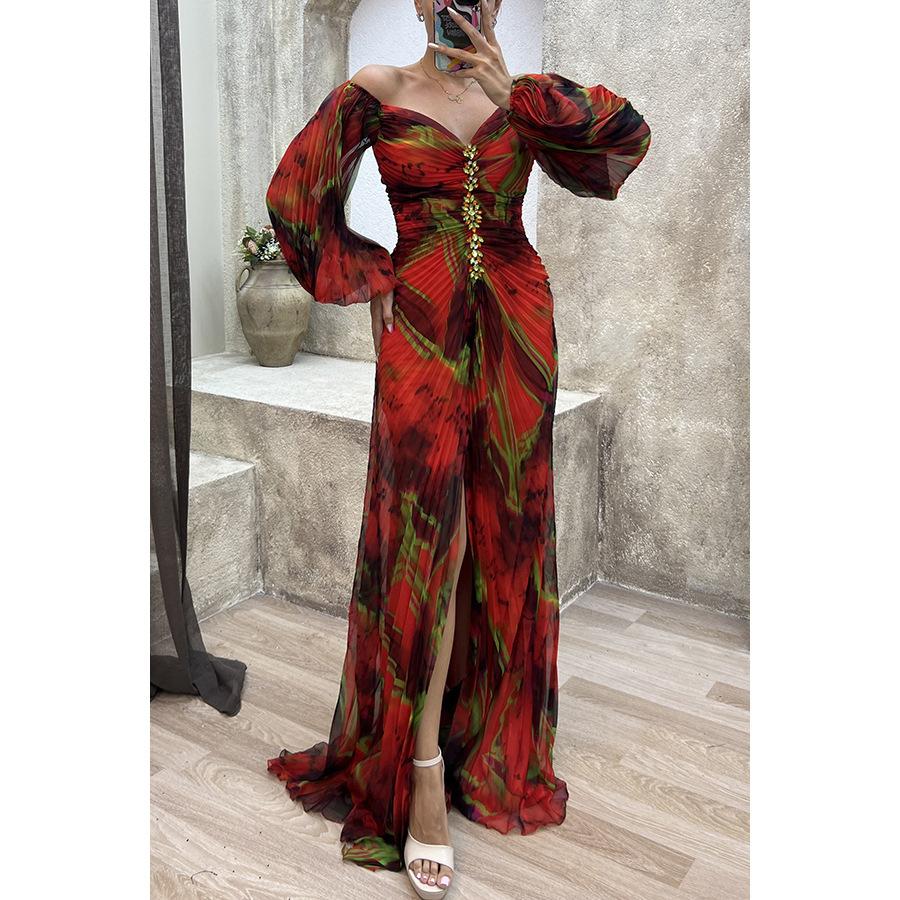 Yellow Floral Off-Shoulder Slit Maxi Dress with Chain Detail