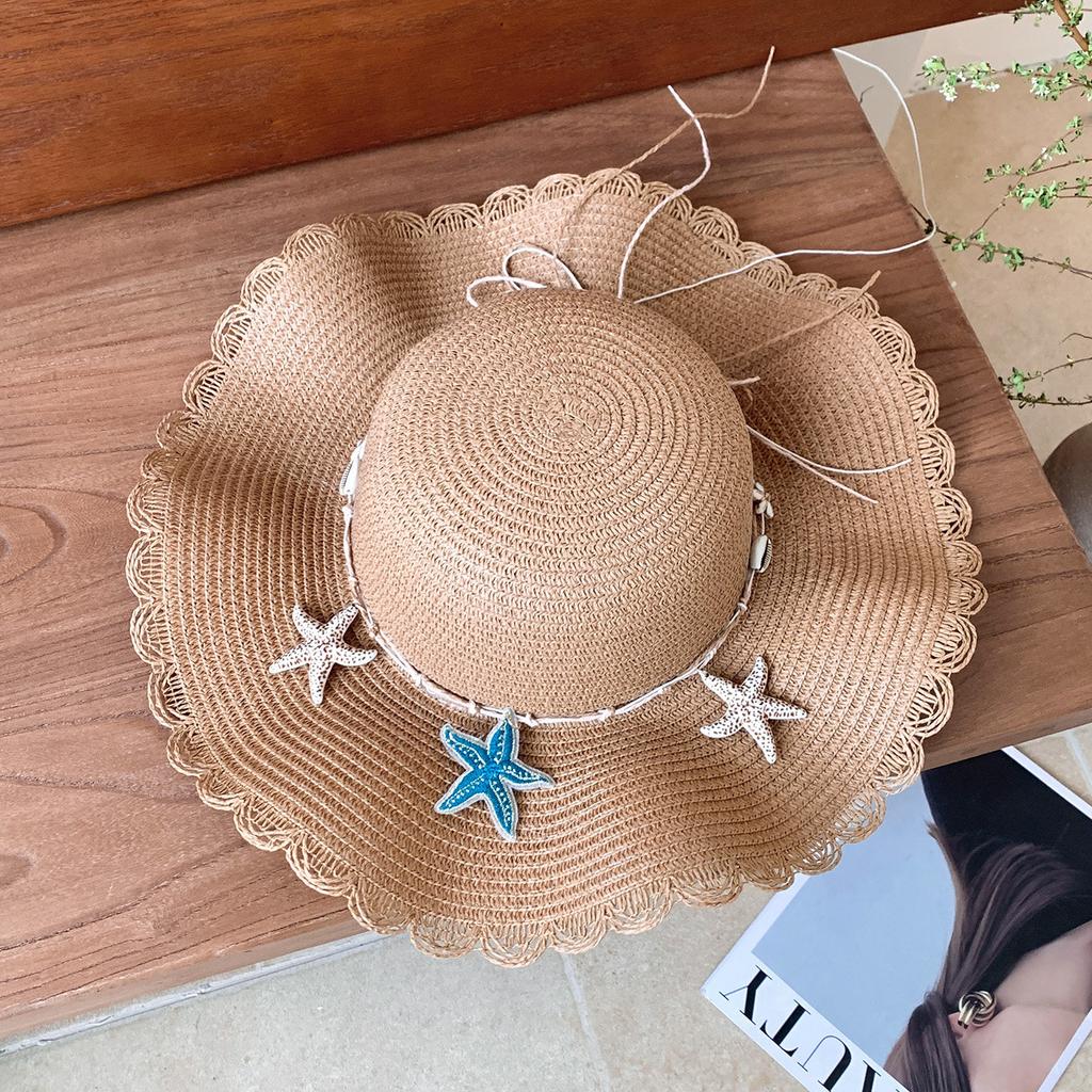 French wavy edge shell decoration woven straw hat women's summer seaside vacation style large brim sunshade sun protection hat