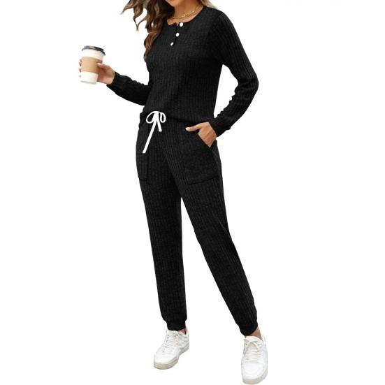 Women's Ribbed Knit Outfits 2 Piece Long Sleeve Pajama Set Fall Casual Sweatshirt And Joggers Lounge Set