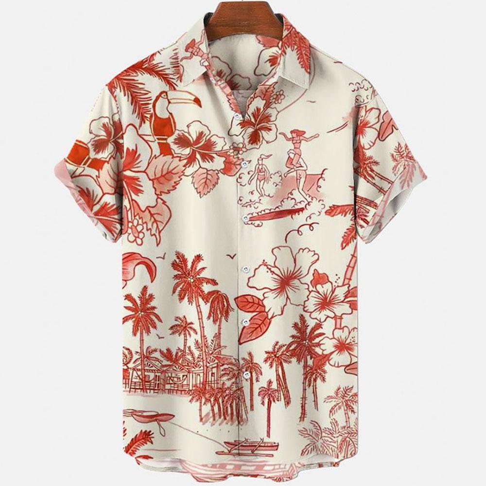 Japanese Flower Bird Print Fashion Men's Shirt Hawaiian Blouse Casual Loose Breathable Short Sleeve Outdoor Street Men's Clothes