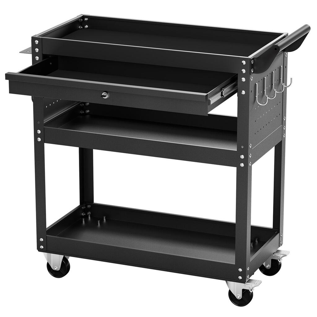 4-Tier Tool Cart On Wheels 350 Lb Rolling Work Cart with Drawer & Pegboard