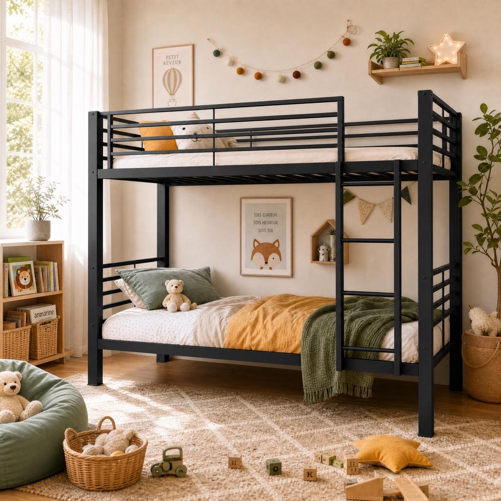 Metal Bunk Bed 90x200 Cm, Load Capacity Up To 350kg (150/200kg), Convertible To 2 Single Beds, Noise-free, Slatted Frame, Ladder Left/right, Black