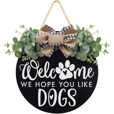 Farmhouse Door Sign for Front Door Porch Decor with Eucalyptus Leaves & Buffalo Bow - Welcome Wreath Sign Hanging for Dogs Lovers Spring Summer Decor
